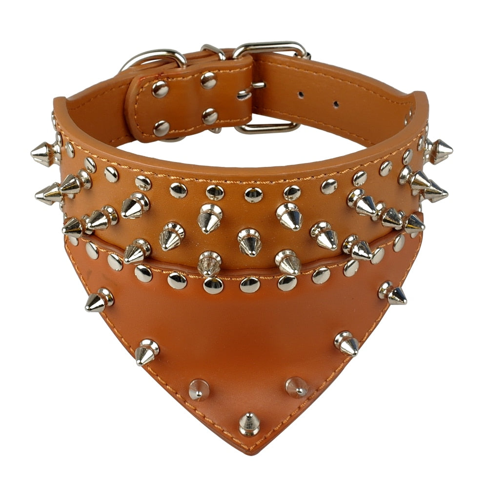 Leather Dog Bandana Scarf Bibs Collar Spikes Spiked Dog Collar Leather Pet Dogs Collar For Medium Large Pet Pitbull Mastiff