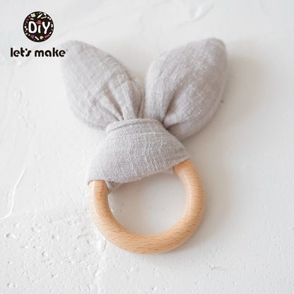 Let&#39;s make Bunny Ear Baby Teething Ring 1pc Teether 70mm Safe Organic Wooden Ring Nursing Training Newborns Toys Baby Teethers