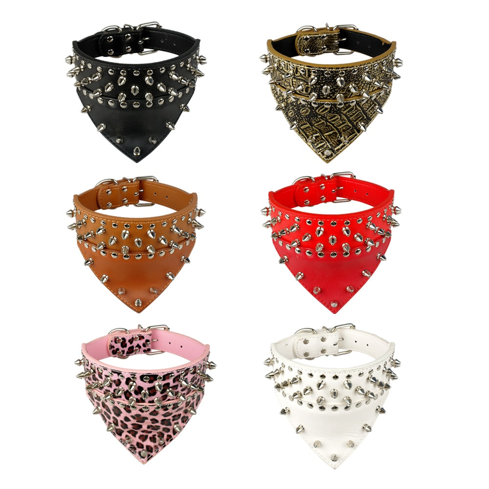 Leather Dog Bandana Scarf Bibs Collar Spikes Spiked Dog Collar Leather Pet Dogs Collar For Medium Large Pet Pitbull Mastiff