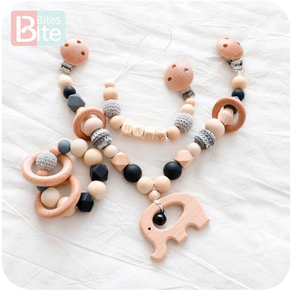 Bite Bites 1set Baby Wooden Teether Pacifier Clip Chain Beech Rodent Ring Baby Nursing Rattle Food Grade Perle Silicone Bead Toy