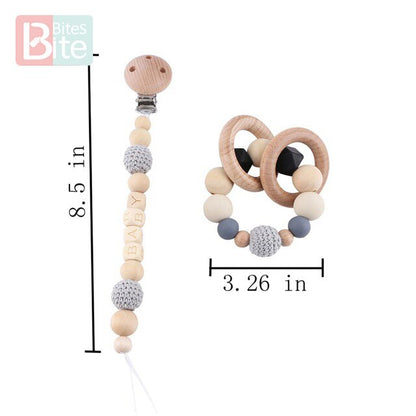 Bite Bites 1set Baby Wooden Teether Pacifier Clip Chain Beech Rodent Ring Baby Nursing Rattle Food Grade Perle Silicone Bead Toy