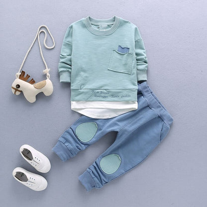 Children suit Cotton long-sleeved spring and autumn new boy baby Pocket t-shirt+ pants Sets 2pcs Boy casual sportswear