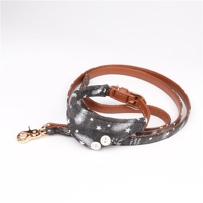 Cute Stars Pets Dog Collars Leather Bowknot Collar Leash Set for Small Medium Dogs Bulldog/Pug Necklace Bandana Pet Leashes