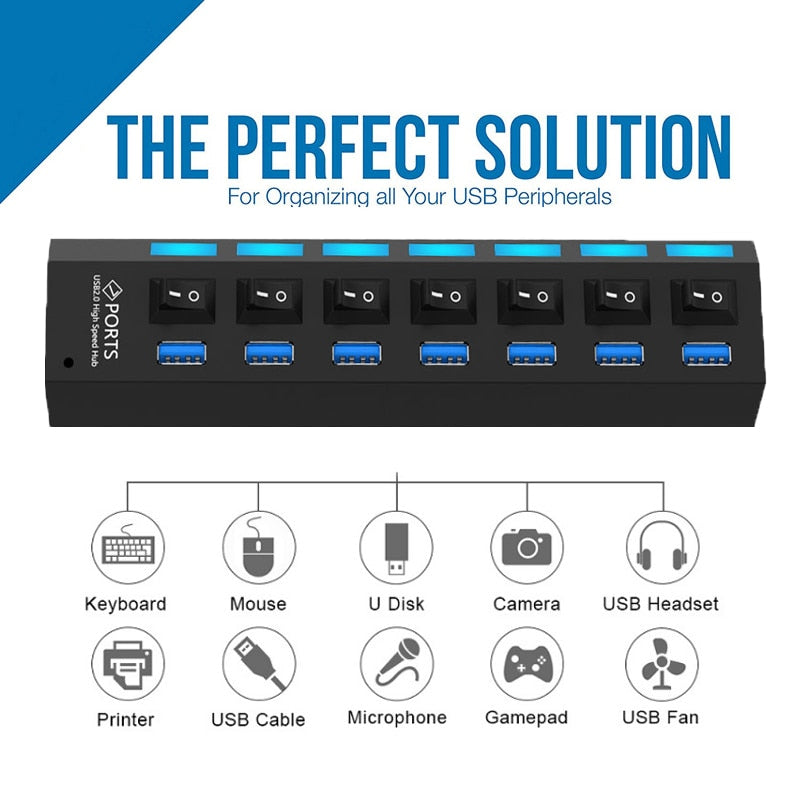 USB HUB 3.0 2.0 Multi 4 7 USB Port Splitter With Power Adapter For PC Computer Notebook Laptops Accessories Multiple Usb Hab