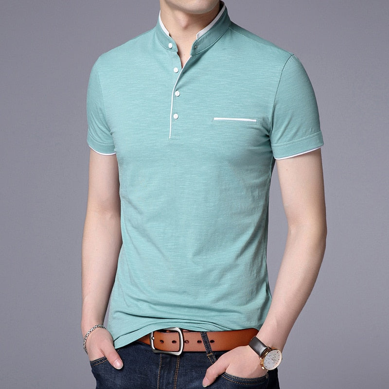 Liseaven Men Mandarin Collar T-Shirt basic tshirt male short sleeve shirt Brand New Tops&amp;Tees Cotton T Shirt