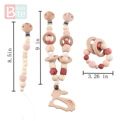 Bite Bites 1set Baby Wooden Teether Pacifier Clip Chain Beech Rodent Ring Baby Nursing Rattle Food Grade Perle Silicone Bead Toy