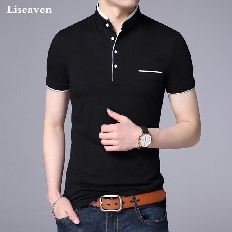 Liseaven Men Mandarin Collar T-Shirt basic tshirt male short sleeve shirt Brand New Tops&amp;Tees Cotton T Shirt