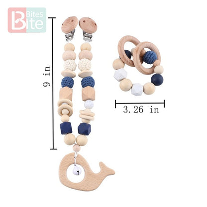 Bite Bites 1set Baby Wooden Teether Pacifier Clip Chain Beech Rodent Ring Baby Nursing Rattle Food Grade Perle Silicone Bead Toy