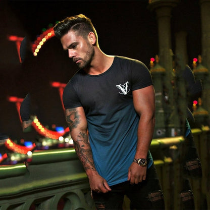 Gradient color Fashion T Shirt Men Fast compression Breathable Mens Short Sleeve Fitness Mens t-shirt Gyms Tee Tight Casual Top