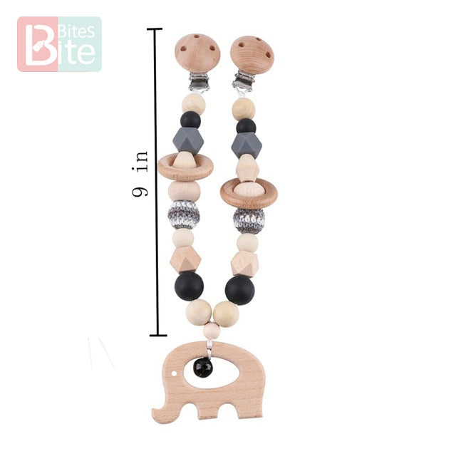 Bite Bites 1set Baby Wooden Teether Pacifier Clip Chain Beech Rodent Ring Baby Nursing Rattle Food Grade Perle Silicone Bead Toy