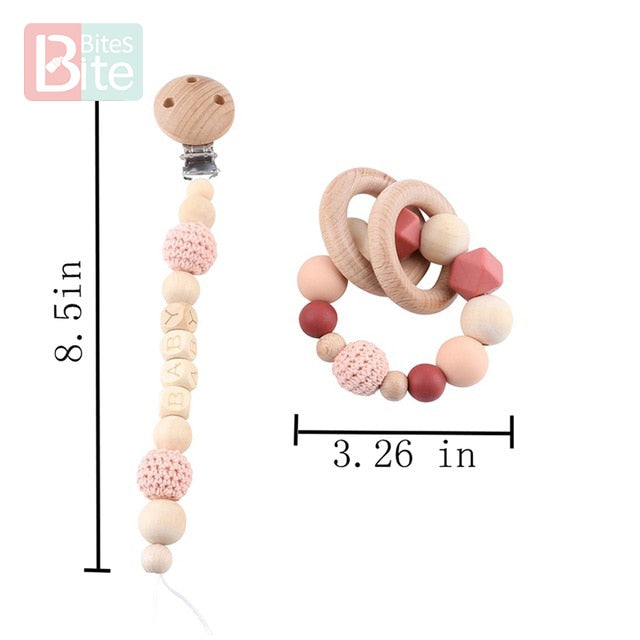 Bite Bites 1set Baby Wooden Teether Pacifier Clip Chain Beech Rodent Ring Baby Nursing Rattle Food Grade Perle Silicone Bead Toy