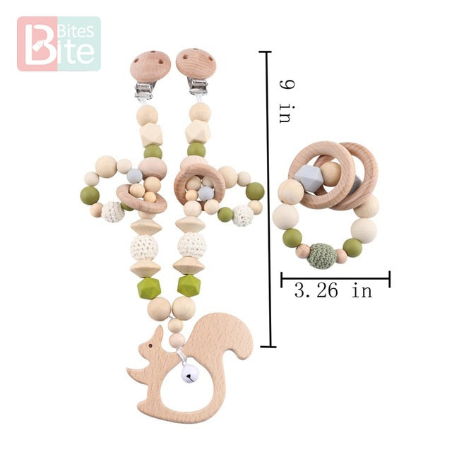 Bite Bites 1set Baby Wooden Teether Pacifier Clip Chain Beech Rodent Ring Baby Nursing Rattle Food Grade Perle Silicone Bead Toy