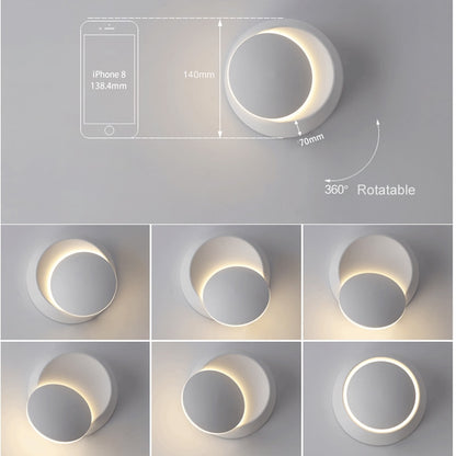 LED Wall Lamp 360 degree rotation adjustable bedside light White and Black creative wall lamp Black modern aisle round lamp