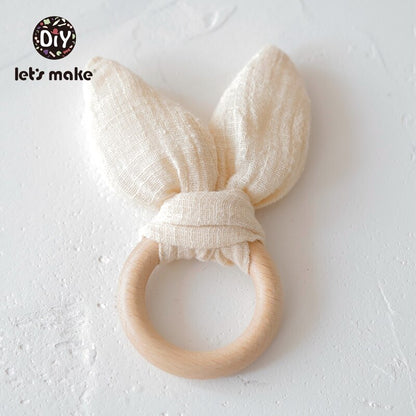 Let&#39;s make Bunny Ear Baby Teething Ring 1pc Teether 70mm Safe Organic Wooden Ring Nursing Training Newborns Toys Baby Teethers