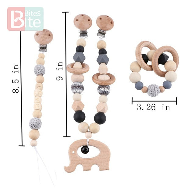 Bite Bites 1set Baby Wooden Teether Pacifier Clip Chain Beech Rodent Ring Baby Nursing Rattle Food Grade Perle Silicone Bead Toy