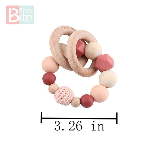 Bite Bites 1set Baby Wooden Teether Pacifier Clip Chain Beech Rodent Ring Baby Nursing Rattle Food Grade Perle Silicone Bead Toy