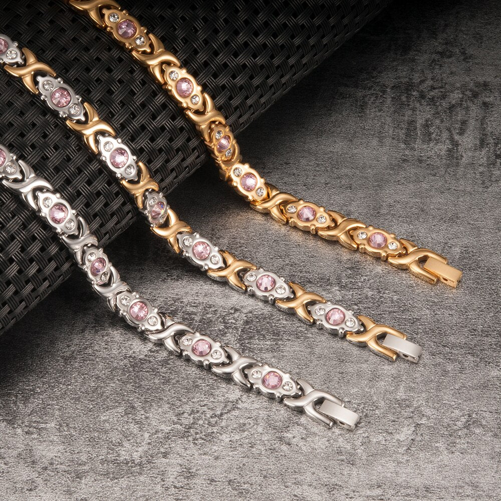 Magnetic Bracelet Women Pink Crystal Gold-color Stainless Steel Bracelet Women Cross Health Energy Magnetic Bracelets for Women