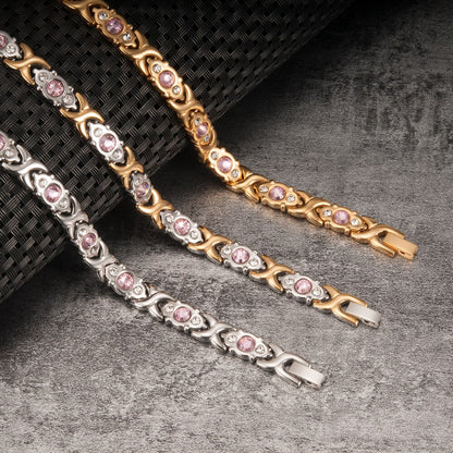 Magnetic Bracelet Women Pink Crystal Gold-color Stainless Steel Bracelet Women Cross Health Energy Magnetic Bracelets for Women