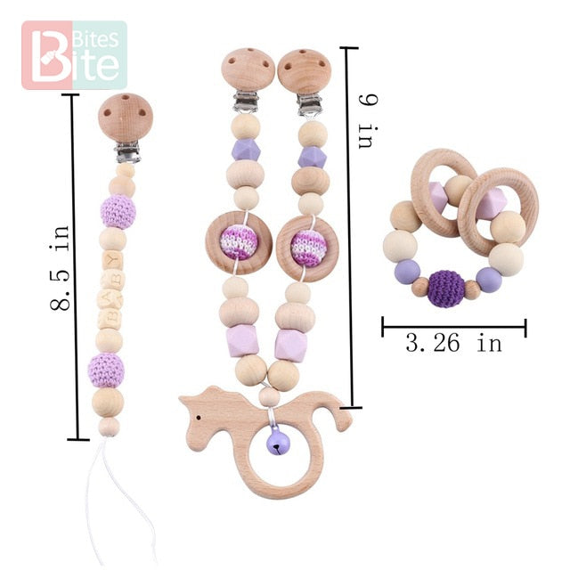 Bite Bites 1set Baby Wooden Teether Pacifier Clip Chain Beech Rodent Ring Baby Nursing Rattle Food Grade Perle Silicone Bead Toy