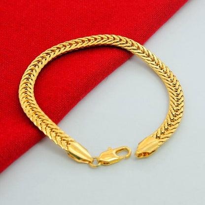 Wholesale Pure Gold Color 6.5MM Width Bracelet For Men 20CM.Fashion Original 24k GP Women men&#39;s Jewelry Gift