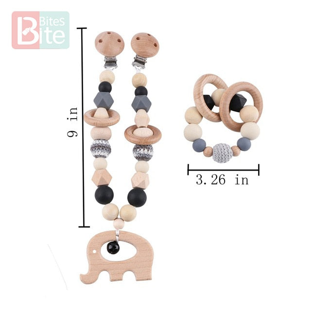 Bite Bites 1set Baby Wooden Teether Pacifier Clip Chain Beech Rodent Ring Baby Nursing Rattle Food Grade Perle Silicone Bead Toy