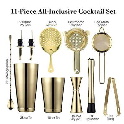 Cocktail Shaker Bar Set: Weighted Boston Shakers, Cocktail Strainer Set,Jigger, Cocktail Muddler,Spoon, Ice Tong,Pourers