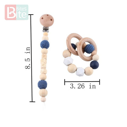 Bite Bites 1set Baby Wooden Teether Pacifier Clip Chain Beech Rodent Ring Baby Nursing Rattle Food Grade Perle Silicone Bead Toy