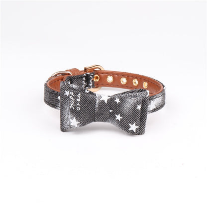 Cute Stars Pets Dog Collars Leather Bowknot Collar Leash Set for Small Medium Dogs Bulldog/Pug Necklace Bandana Pet Leashes