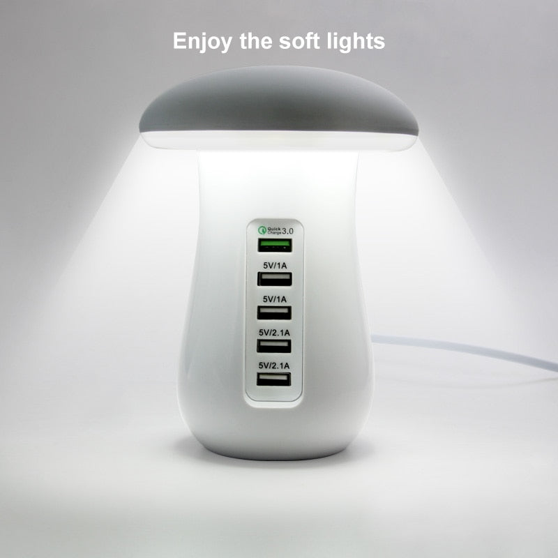 Multiple USB Phone Charger Mushroom Night Lamp Charging 5 Ports Station Stand Dock QC 3.0 Quick Charger for Mobile Tablet