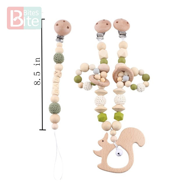 Bite Bites 1set Baby Wooden Teether Pacifier Clip Chain Beech Rodent Ring Baby Nursing Rattle Food Grade Perle Silicone Bead Toy