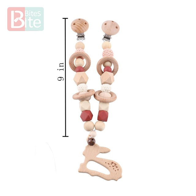 Bite Bites 1set Baby Wooden Teether Pacifier Clip Chain Beech Rodent Ring Baby Nursing Rattle Food Grade Perle Silicone Bead Toy