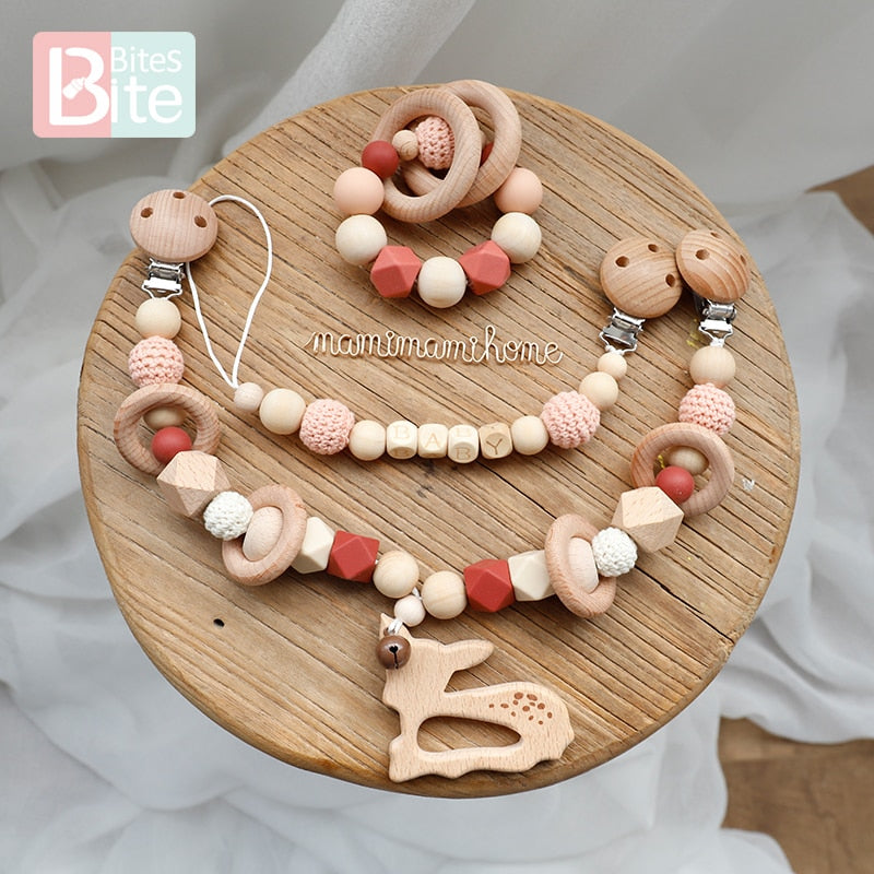 Bite Bites 1set Baby Wooden Teether Pacifier Clip Chain Beech Rodent Ring Baby Nursing Rattle Food Grade Perle Silicone Bead Toy