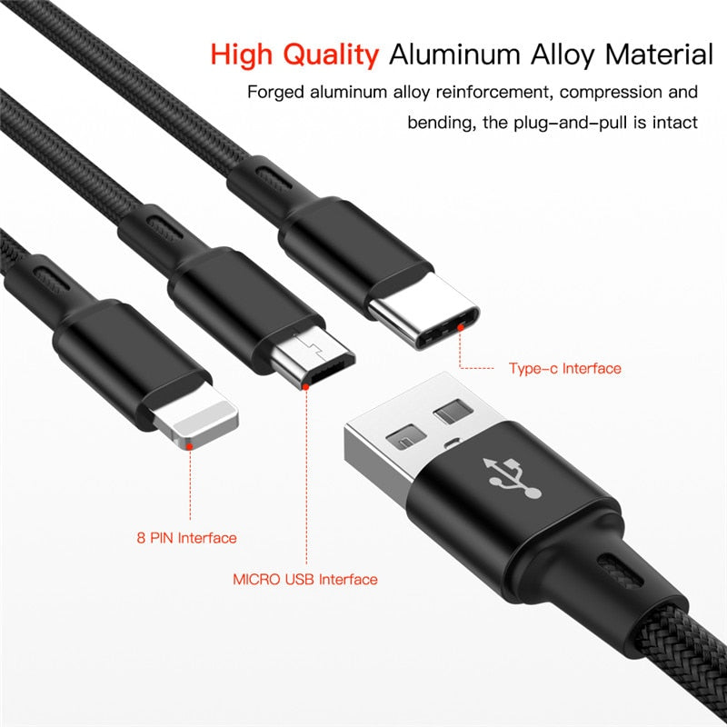 USB Cable For iPhone 13 12 11 XS X 8 7 6 Charging Charger 3 in 1 Micro USB Cable USB Type C Mobile Phone Cables For Samsung S9