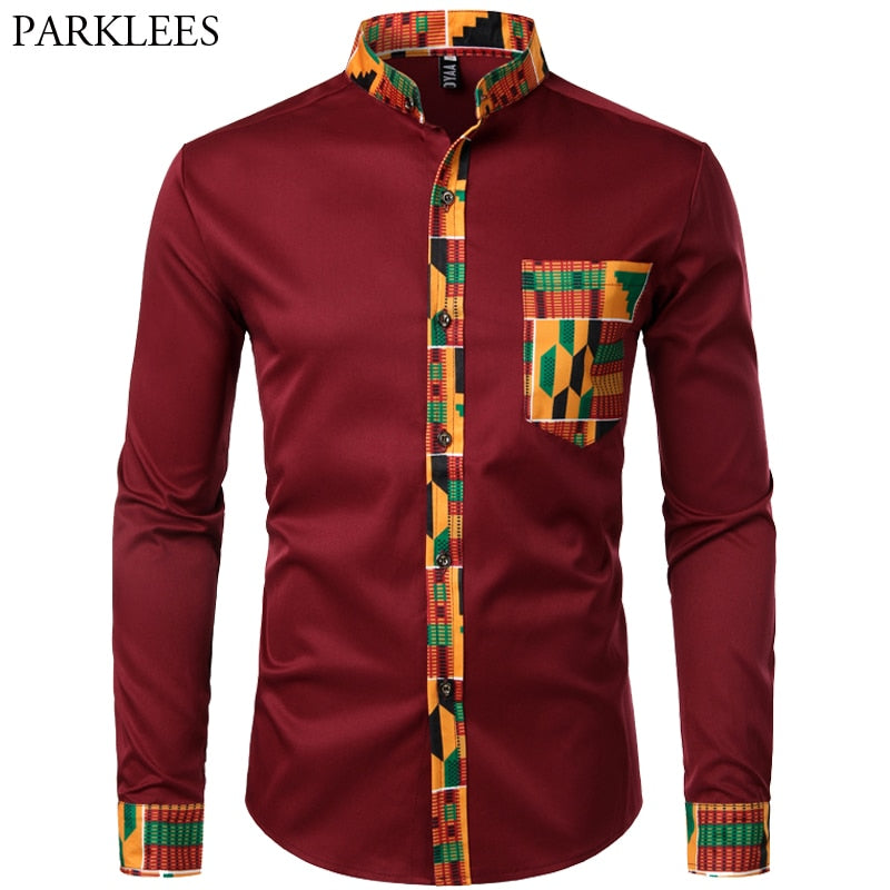 Dashiki African Mens Shirt Patchwork Pocket Africaine Print Shirt Men Ankara Style Long Sleeve Design Collar Mens Dress Shirts