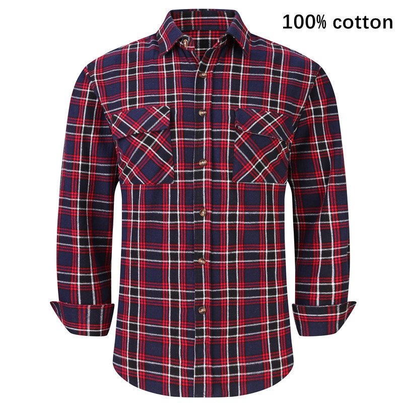 2022 New Men&#39;s Plaid Flannel Shirt Spring Autumn Male Regular Fit Casual Long-Sleeved Shirts For (USA SIZE S M L XL 2XL)