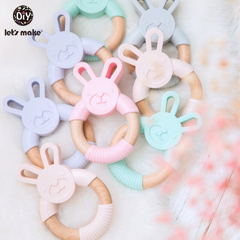 Let&#39;s Make 1pc Baby Silicone Teether Cartoon Elephant Teething Toy Beech Wood Ring Infant Comfort Toys Baby Teether