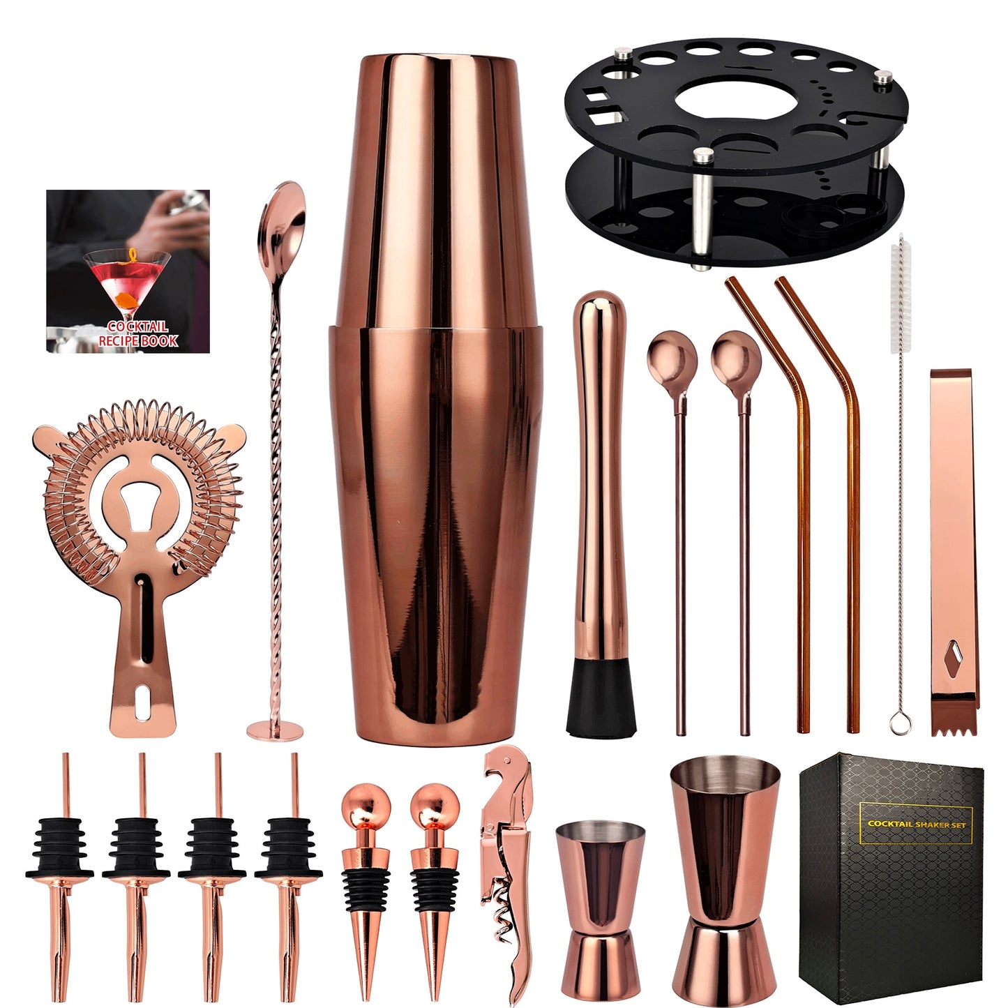 Bartender Kit,20-Piece Rose Gold Cocktail Shaker Set With Rotating Acrylic Stand,For Mixed Drinks Martini Home Bar Tools