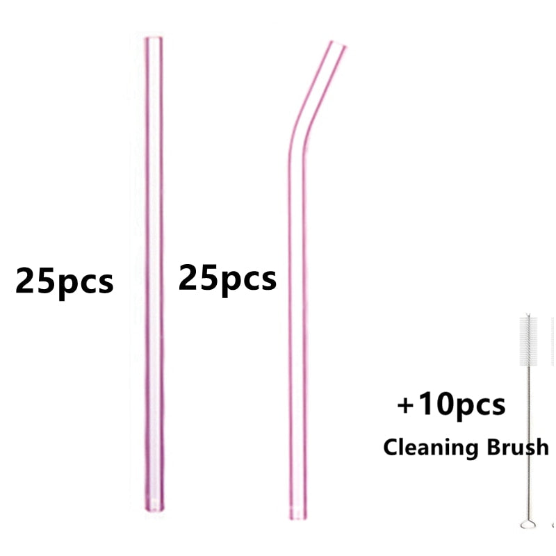 50Pcs/lot Colorful Glass Straw Reusable Drinking Straws Set with Cleaning Brush Wine Cocktail Glass for Party Favors Bar Drinks