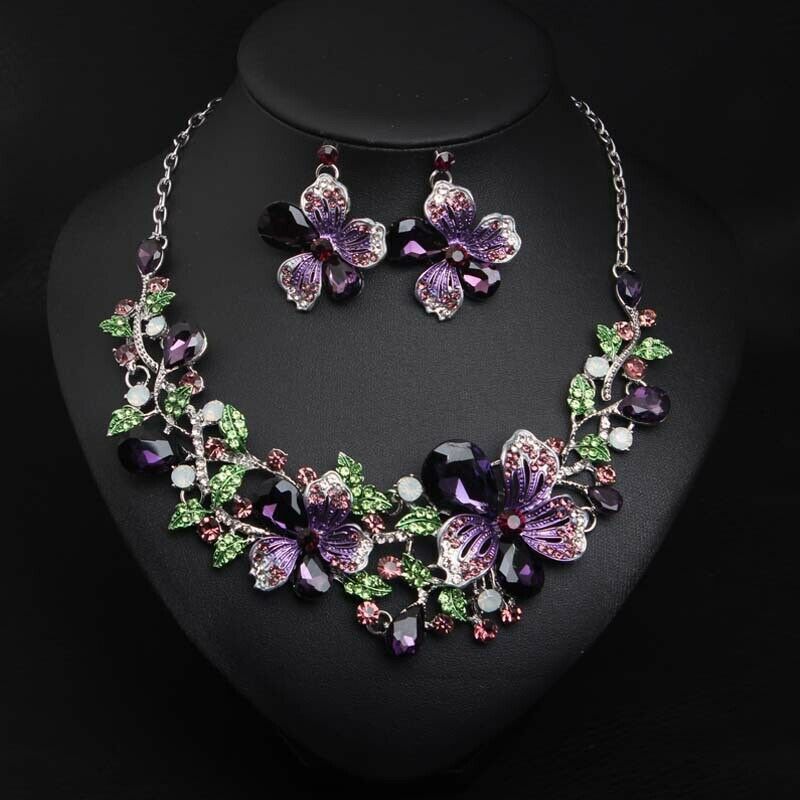 Fashion Multicolor Flower Necklace Earring Set Bridal Crystal Jewelry Sets Statement Choker Fashion Rhinestone Bib Wedding Party