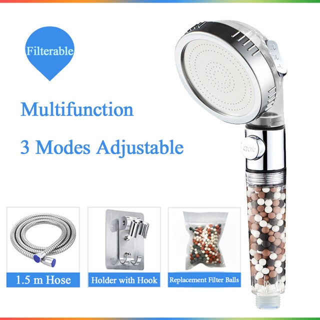 ZhangJi Bathroom 3-Function SPA Shower Head with Switch Stop Button high Pressure Anion Filter Bath Head Water Saving Shower