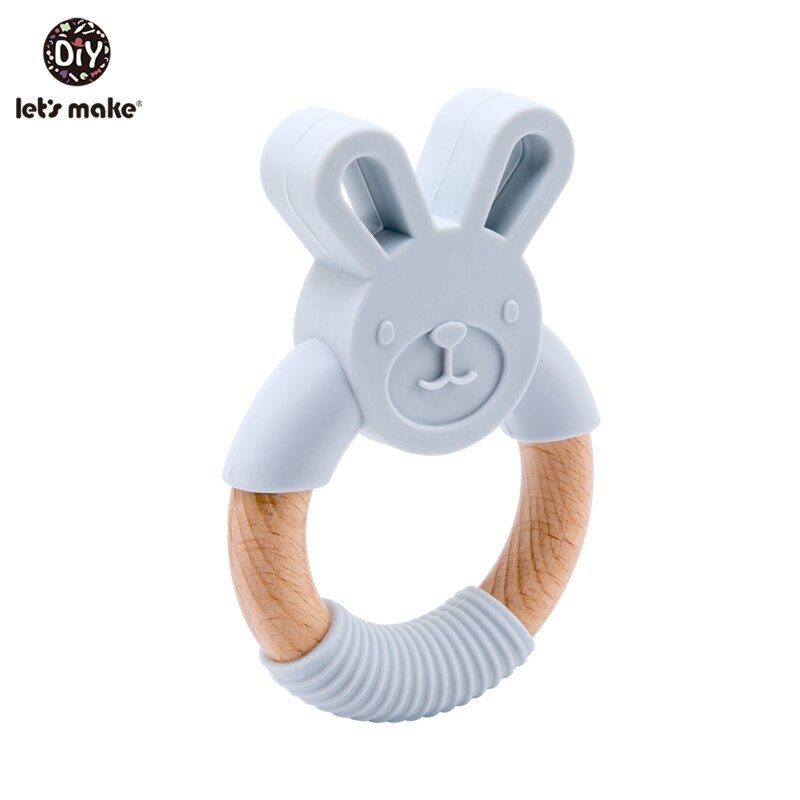 Let&#39;s Make 1pc Baby Silicone Teether Cartoon Elephant Teething Toy Beech Wood Ring Infant Comfort Toys Baby Teether