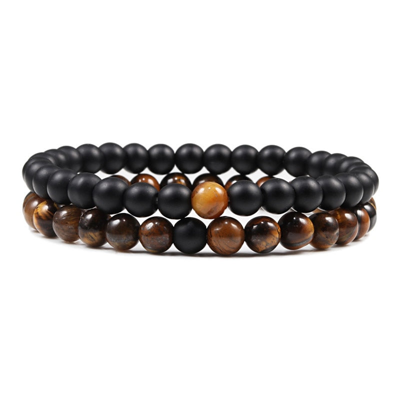 Set Bracelet Couples Distance Black White Natural Lava Stone Tiger Eye Beaded Yoga Bracelets for Men Women Elastic Rope Jewelry