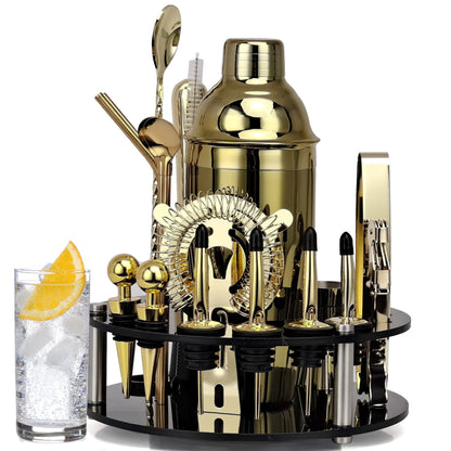 Bartender Kit,20-Piece Rose Gold Cocktail Shaker Set With Rotating Acrylic Stand,For Mixed Drinks Martini Home Bar Tools