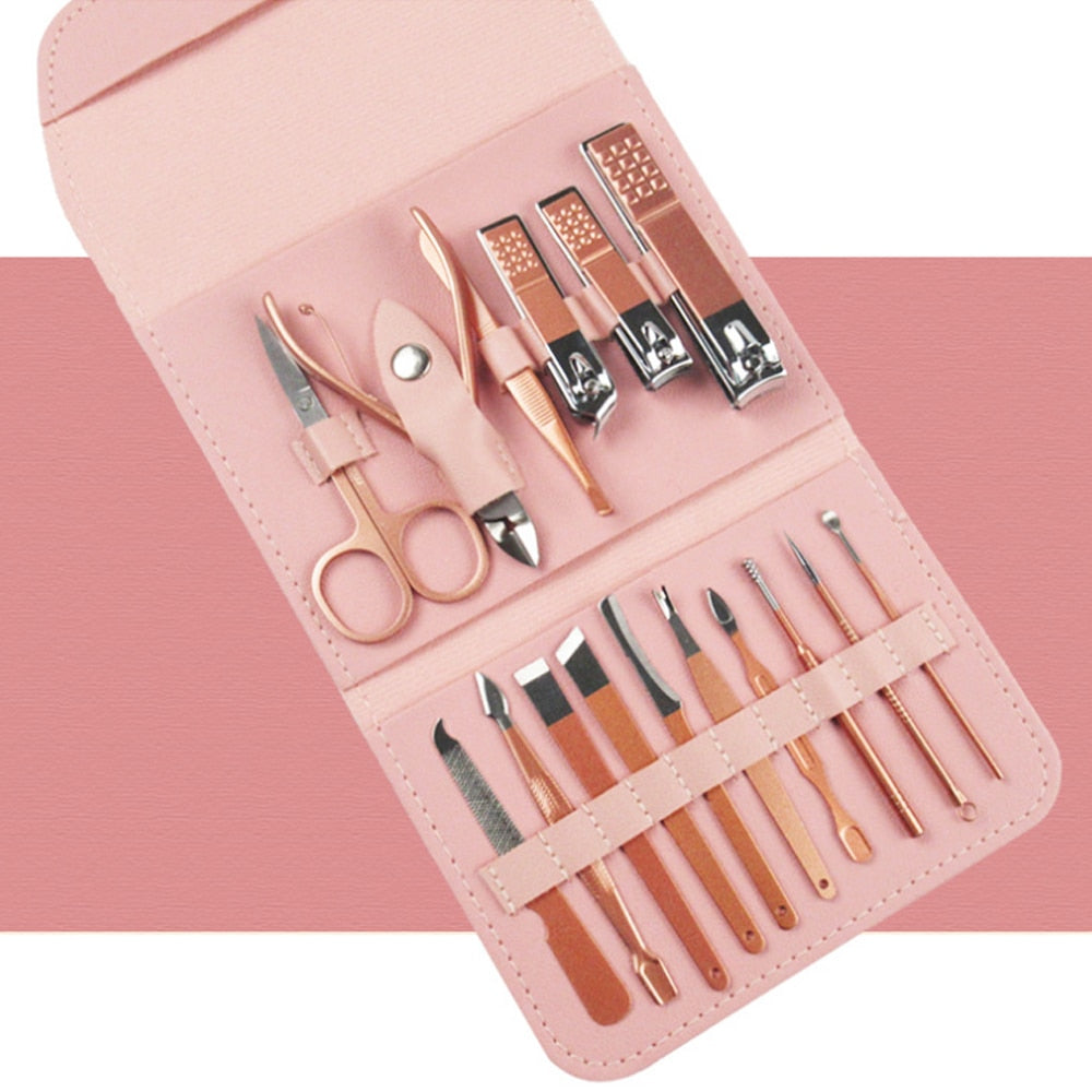 16pcs Manicure Set With PU Leather Case Nail Clippers Kit Pedicure Care Tools Nail Care Scissors Clippers Trimmer Nail Art Tools