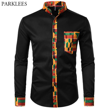 Dashiki African Mens Shirt Patchwork Pocket Africaine Print Shirt Men Ankara Style Long Sleeve Design Collar Mens Dress Shirts