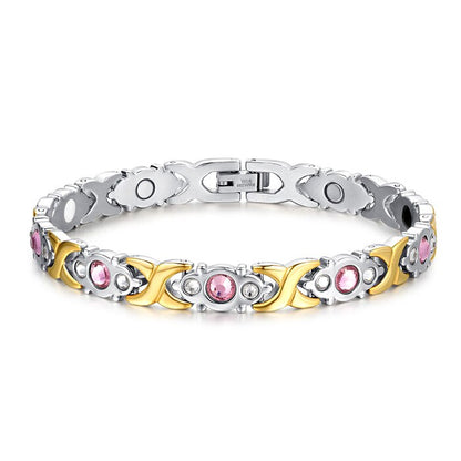 Magnetic Bracelet Women Pink Crystal Gold-color Stainless Steel Bracelet Women Cross Health Energy Magnetic Bracelets for Women