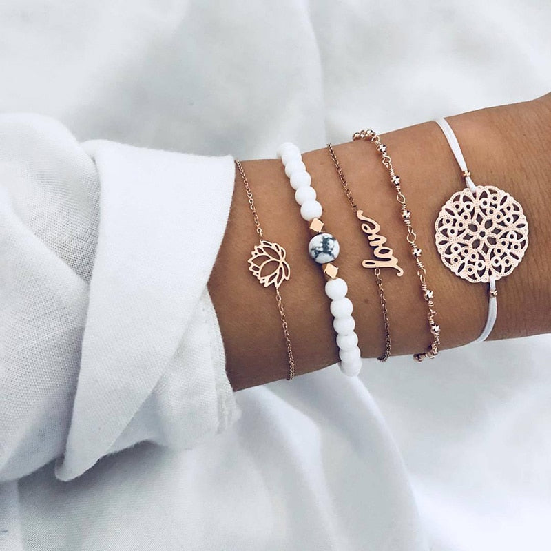 Boho Geometric Bracelet &amp; Bangle Sets For Women Vintage Star Map Hand Heart charm Beads Chains Fashion Jewelry Accessories