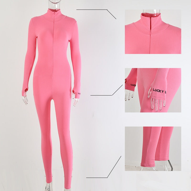 Sibybo Ribbed Turtleneck Sport Wear Casual Jumpsuit Women Letter Embroidery Skinny Sexy Playsuit Female Fitness Rompers Overalls