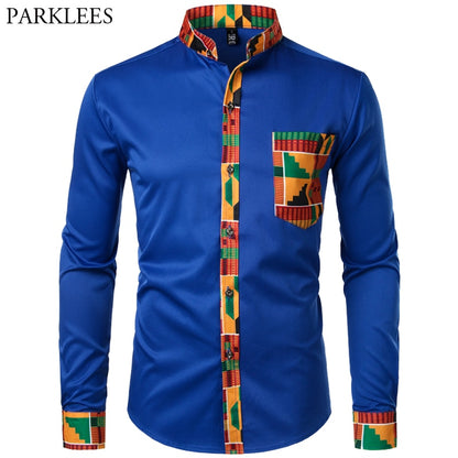 Dashiki African Mens Shirt Patchwork Pocket Africaine Print Shirt Men Ankara Style Long Sleeve Design Collar Mens Dress Shirts