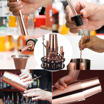 Bartender Kit,20-Piece Rose Gold Cocktail Shaker Set With Rotating Acrylic Stand,For Mixed Drinks Martini Home Bar Tools